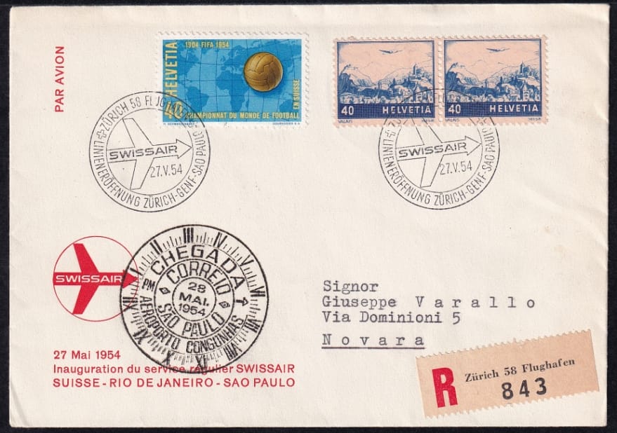 Schweiz Flugpostmarken im Paar auf R-Brief des Swissair-Eröffnungsfluges nach Südamerika