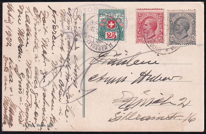 Schweiz Nachporto 1922, Nr. 35 ZÜRICH BRIEFTRÄGER sauber auf Karte vom Stilfserjoch – Bild 2