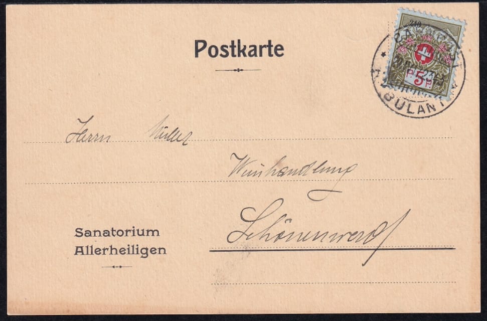 Schweiz Portofreiheit Nr. 24b, Sanatorium Allerheiligen, Stempel Bahnpost/Ambulant 2343