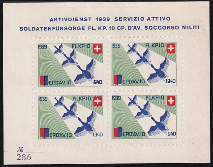 Schweiz Soldatenmarken 1939/40 Fliegertruppen CP.D AV.10, 4er-Bögli