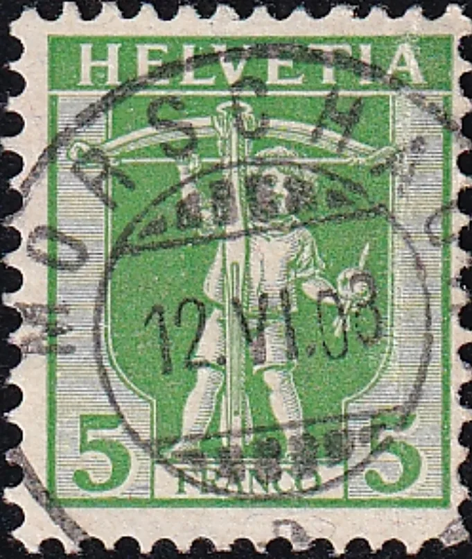 1907 Freimarken Tellknabe im Rahmen 5 Rp. grün, Vollstempel MORSCHACH