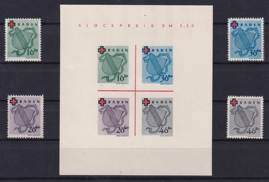 Deutschland 1949 Franz. Zone Baden, Rotes Kreuz , komplette Serie inkl. Block