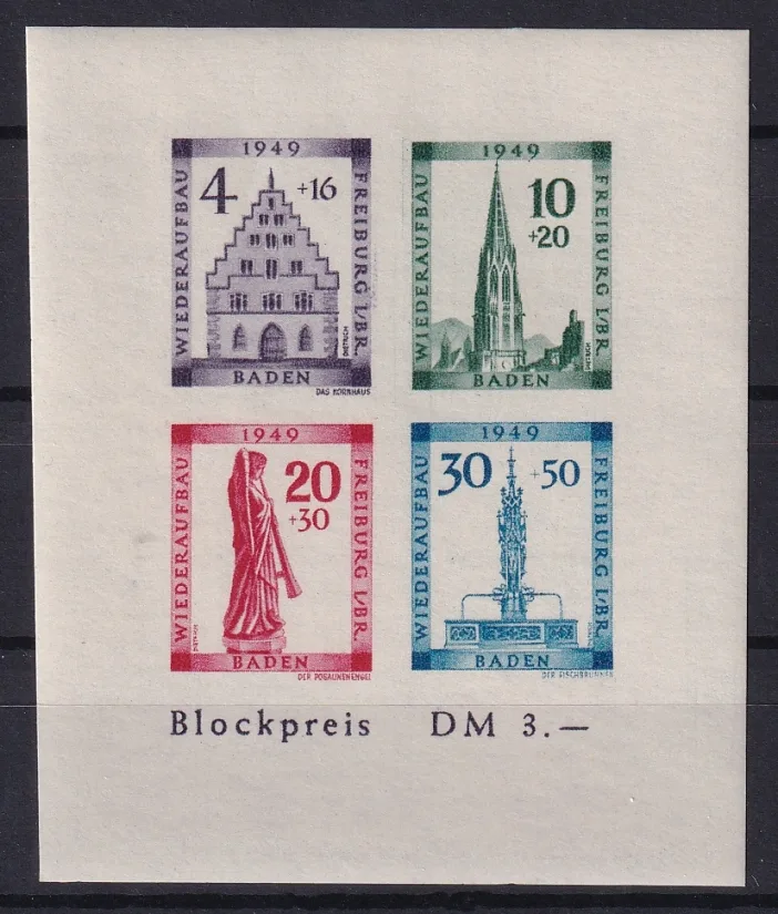 Deutschland 1949 Franz. Zone Baden Wiederaufbau der Stadt Freiburg, Block ungezahnt
