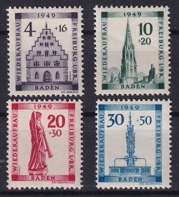Deutschland 1949 Franz. Zone Baden Wiederaufbau der Stadt Freiburg, komplette Serie