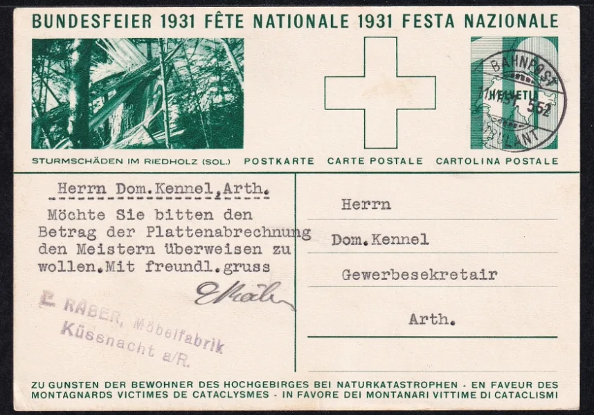 Schweiz Bundesfeierkarten 1931 Knabe mit Fahne Sturmschäden, sauber gestempelt  BAHNPOST