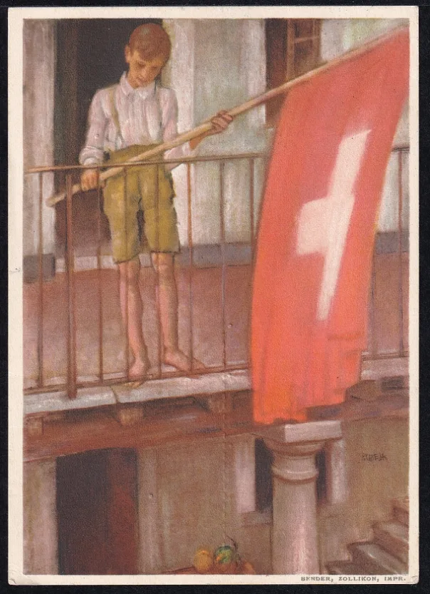 Schweiz Bundesfeierkarten 1931 Knabe mit Fahne Sturmschäden, sauber gestempelt  BAHNPOST – Bild 2