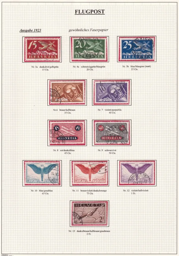 Schweiz Flugpost 1923 auf einer schön präsentierenden A4 Albumseite, Serie F3 bis F13