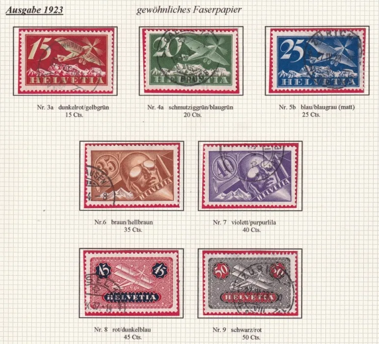 Schweiz Flugpost 1923 auf einer schön präsentierenden A4 Albumseite, Serie F3 bis F13 – Bild 3