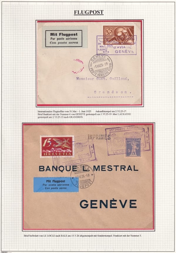Schweiz Flugpost 1925-26 auf schön präsentierender A4 Albumseite, F3 und F6 auf zwei Briefen – Bild 2