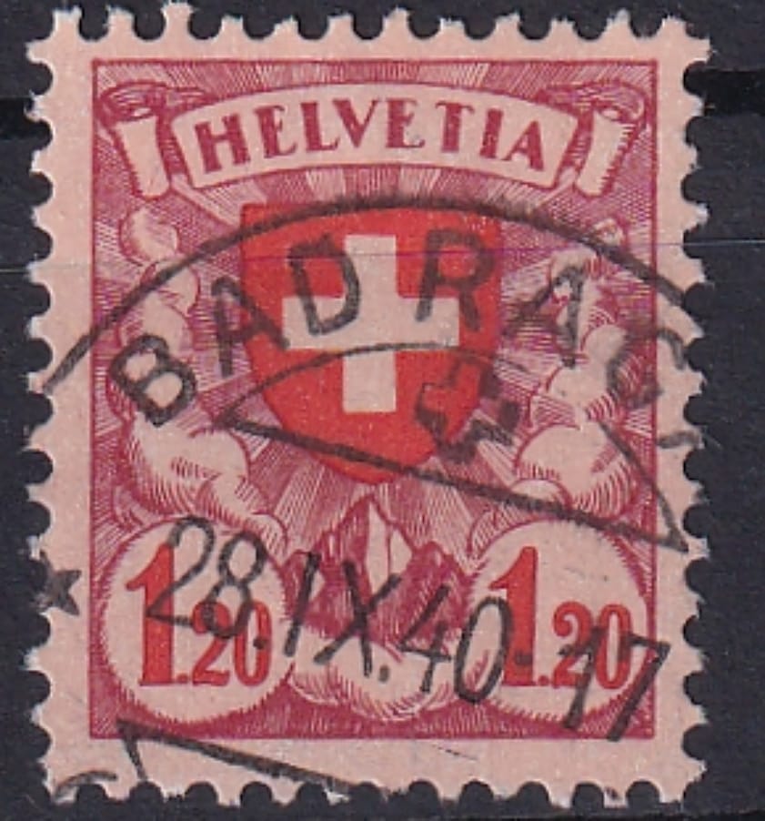 Schweiz, Freimarken 1934, Wappenmuster geriffeltes Papier gut gezähnt, sauber gestempelt BAD RAGAZ