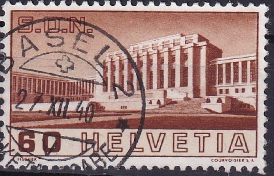 Schweiz, Freimarken 1938, Völkerbundspalast 60 Rp. braun, sauber gestempelt BASEL