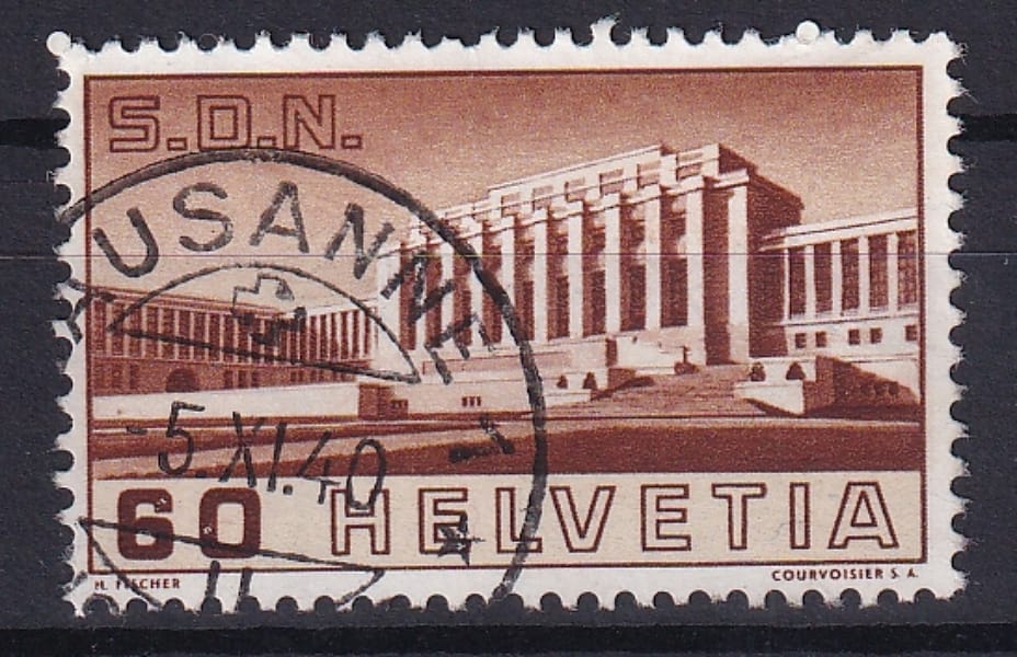 Schweiz, Freimarken 1938, Völkerbundspalast 60 Rp. braun, sauber gestempelt LAUSANNE