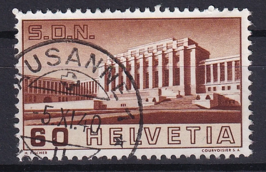 Schweiz, Freimarken 1938, Völkerbundspalast 60 Rp. braun, sauber gestempelt LAUSANNE