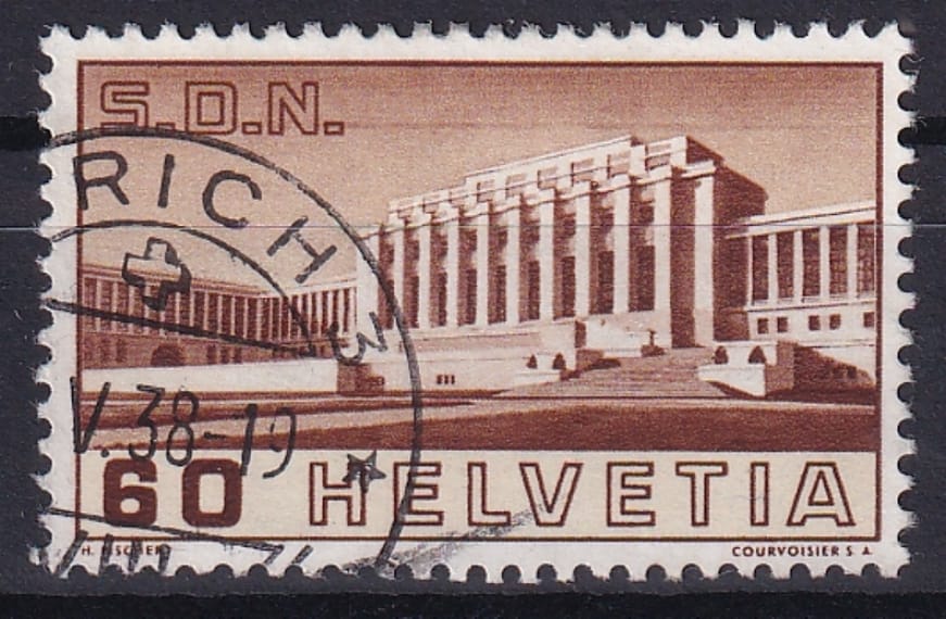 Schweiz, Freimarken 1938, Völkerbundspalast 60 Rp. braun, sauber gestempelt ZÜRICH