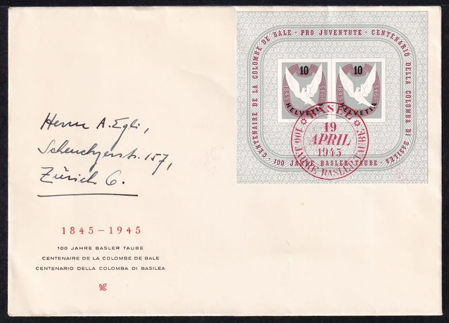 Schweiz Zuschlagsausgaben 1945, 100 Jahre Basler Taube, sauberer Umschlag