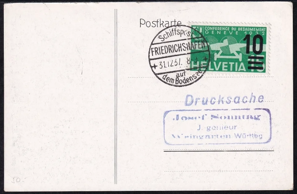 Ansichtskarte 1937, Retrokarte mit Stempel Schiffspost auf dem Bodensee Friedrichshafen – Bild 2
