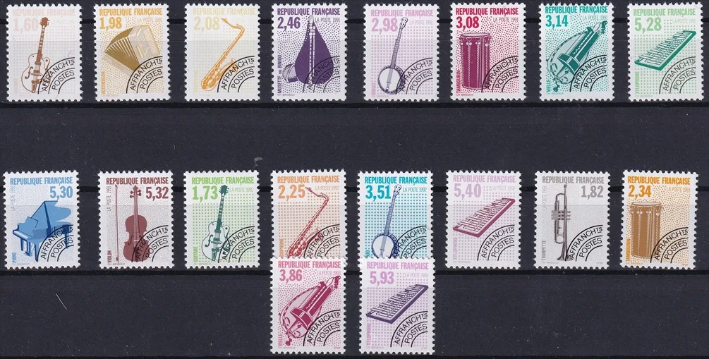 Frankreich 1992/93 Freimarken mit Vorausentwertung, Musikinstrumente, 3 komplette Serien