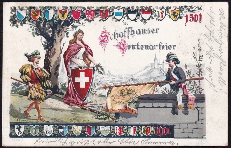 Litho Schweiz 1901 Schaffhauser Zentenarfeier farbig mit passender Vignette