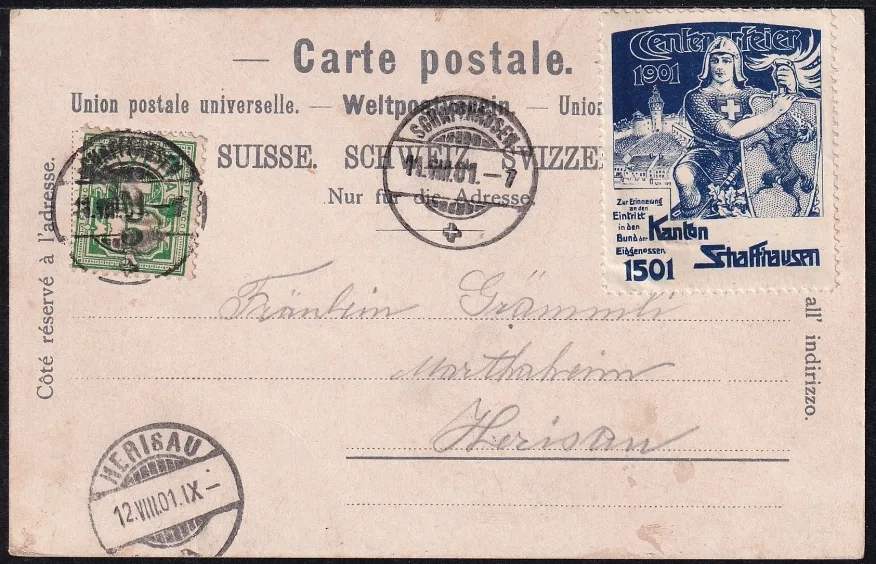 Litho Schweiz 1901 Schaffhauser Zentenarfeier farbig mit passender Vignette – Bild 2