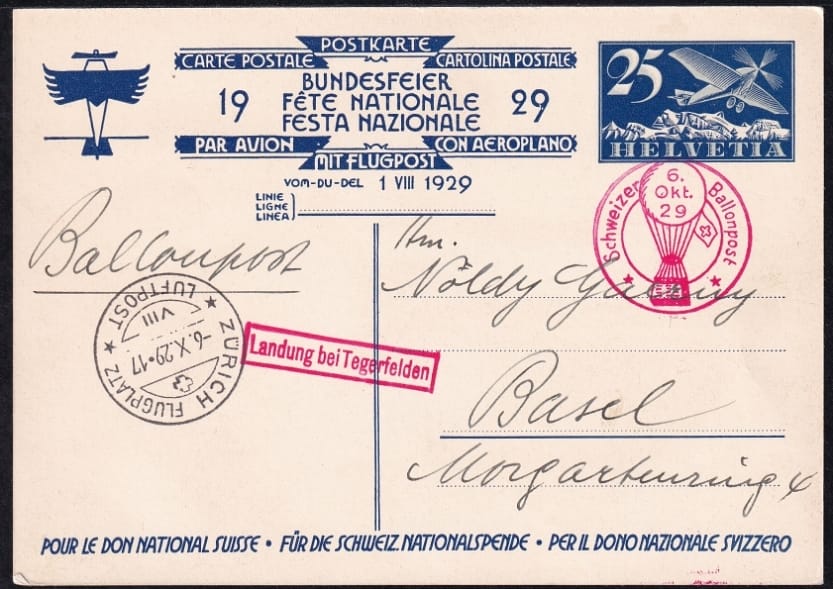 Schweiz Bundesfeierkarten 1929 Fahnenaufzug, Flugpostausgabe 25 Rp. weiss/blau, Sonderflug 29.7