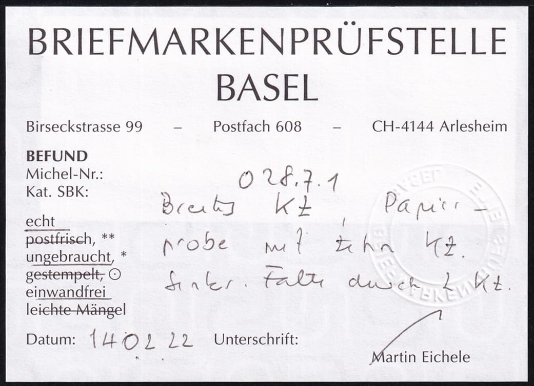 Schweiz Papierprobe (10 KZ) breites Kontrollzeichen Form A – Bild 3