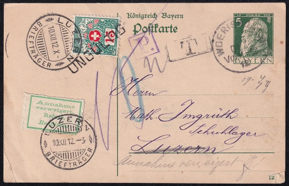 Schweiz Porto1912 SBK Nr. 33 auf Bayern Postkarte Nr. P 87 I.