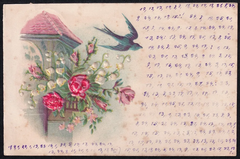 Lithokarten 1901 - "Blumen, Schwalbe" - Geheimschrift - gestempelt AMBULANT