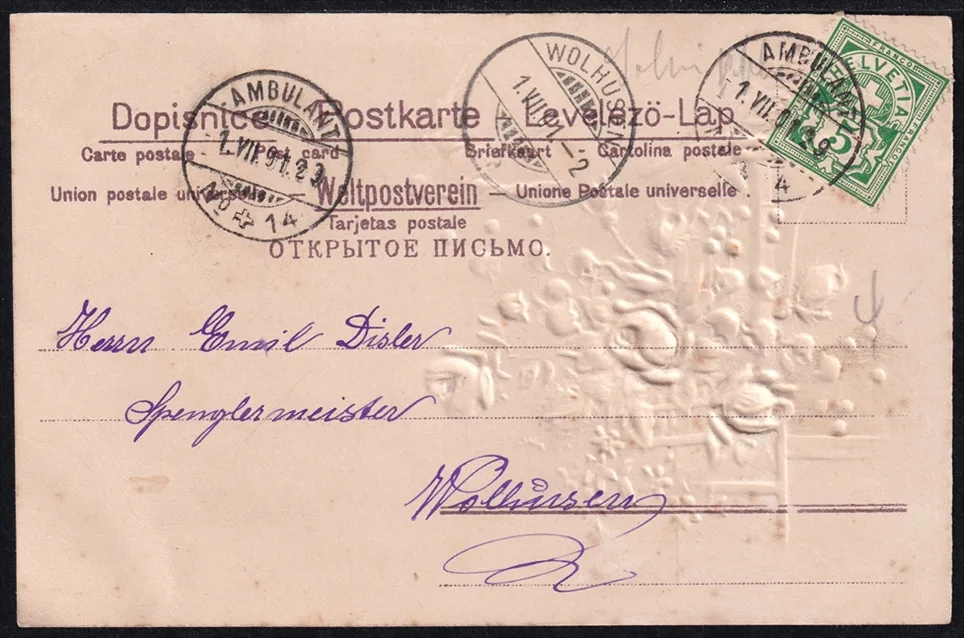 Lithokarten 1901 - "Blumen, Schwalbe" - Geheimschrift - gestempelt AMBULANT – Bild 2