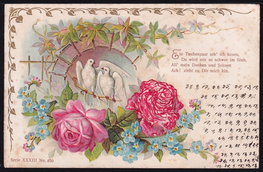 Lithokarten 1901 - "Ein Taubenpaar seh ich kosen ..." - Geheimschrift - gestempelt SCHÜPFHEIM