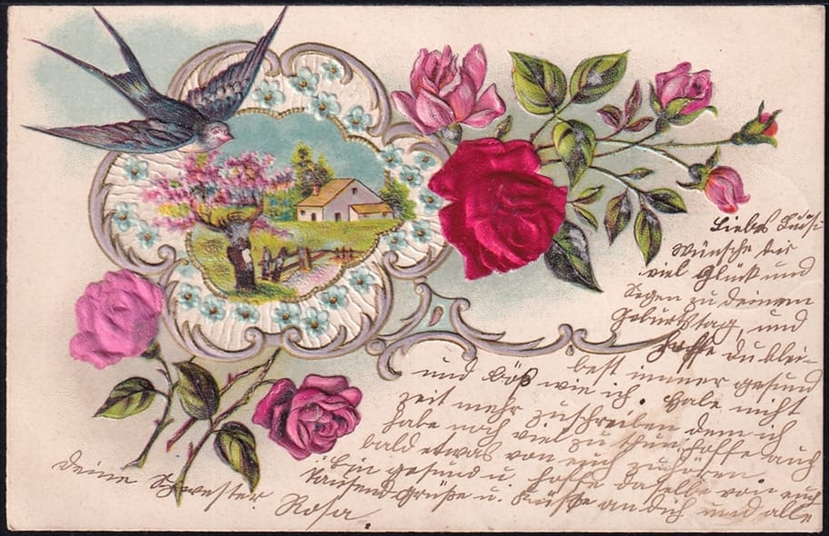 Lithokarten 1902 - "Blumen, Rosen, Schwalbe" - gestempelt BIEL