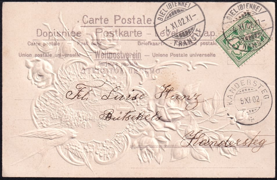 Lithokarten 1902 - "Blumen, Rosen, Schwalbe" - gestempelt BIEL – Bild 2
