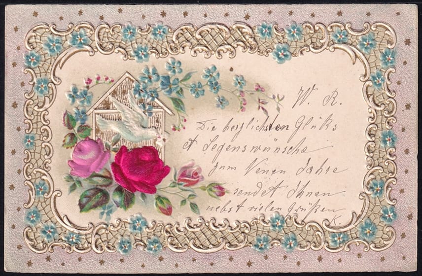 Lithokarten 1902 - "Blumen, Rosen, Taube" - gestempelt MENTON