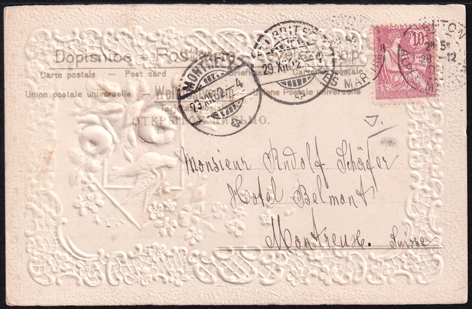 Lithokarten 1902 - "Blumen, Rosen, Taube" - gestempelt MENTON – Bild 2