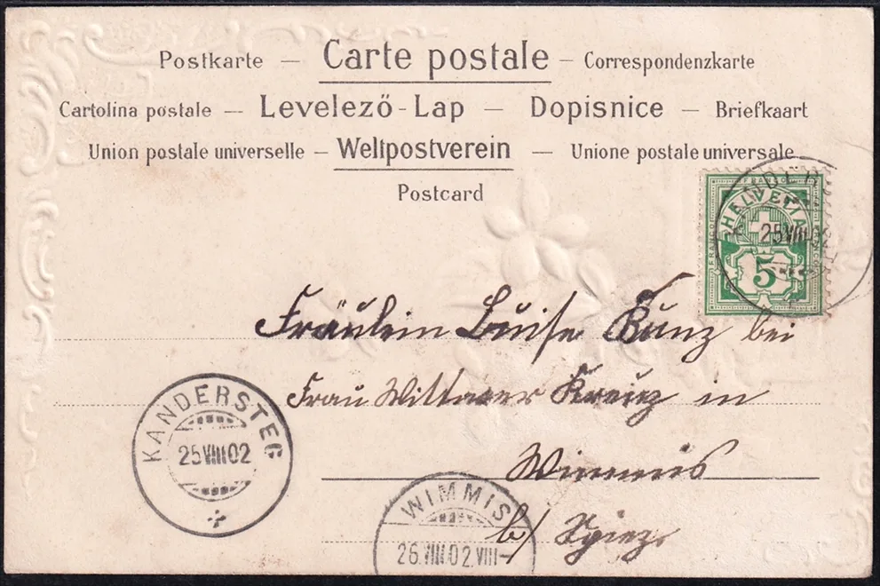 Lithokarten 1902 - "Die holden Blumen nimm als Zeichen ..." gestempelt KANDERSTEG – Bild 2