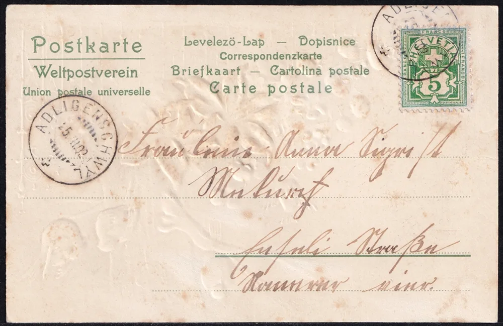 Lithokarten 1902 - "In Feld und Garten lacht die Sonne ..." - gestempelt ADLIGENSCHWYL – Bild 2