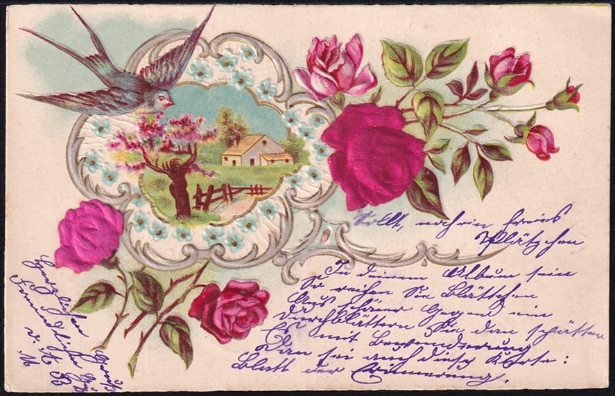 Lithokarten 1903 - "Blumen, Rosen, Schwalbe" - gestempelt STANS