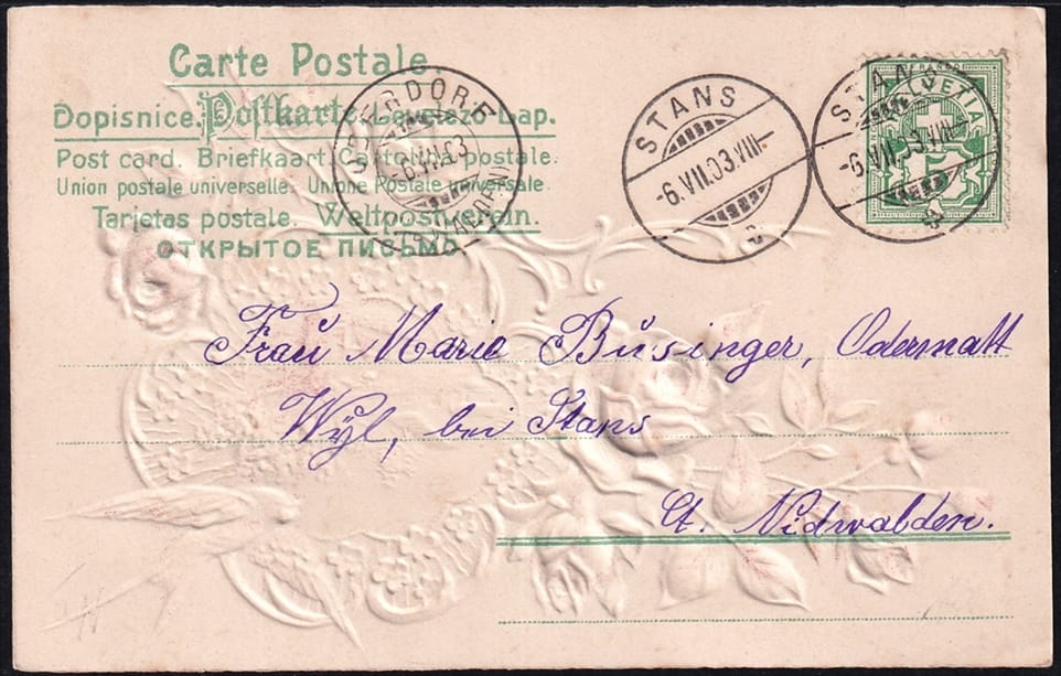 Lithokarten 1903 - "Blumen, Rosen, Schwalbe" - gestempelt STANS – Bild 2
