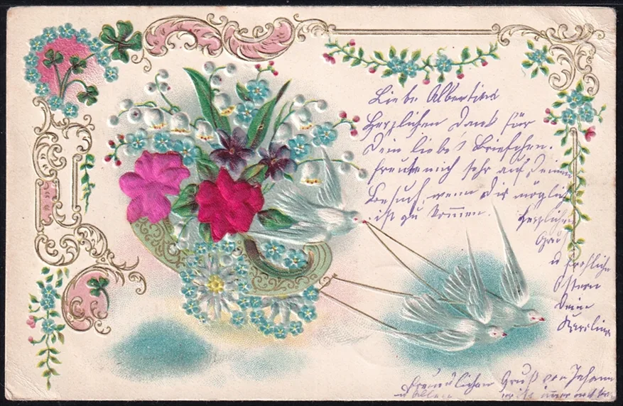 Lithokarten 1903 - "Blumen, Tauben" - gestempelt OBERROHRDORF