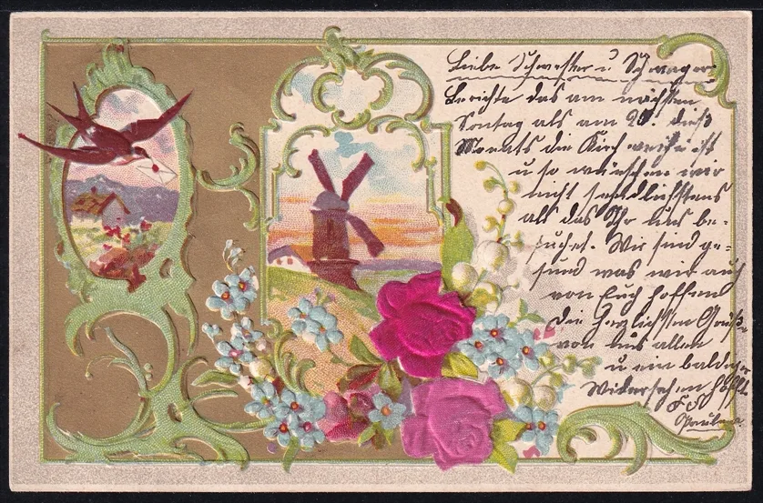 Lithokarten 1904 - "Blumen, Rosen, Schwalbe, Windmühle" - gestempelt STANS