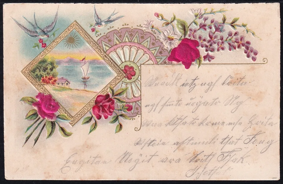 Lithokarten um 1900 - "Blumen, Rosen, Schwalbe" - gestempelt SULZBERG