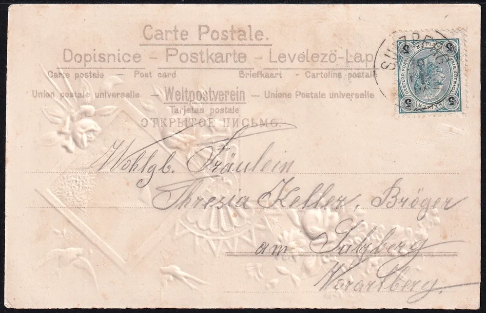 Lithokarten um 1900 - "Blumen, Rosen, Schwalbe" - gestempelt SULZBERG – Bild 2