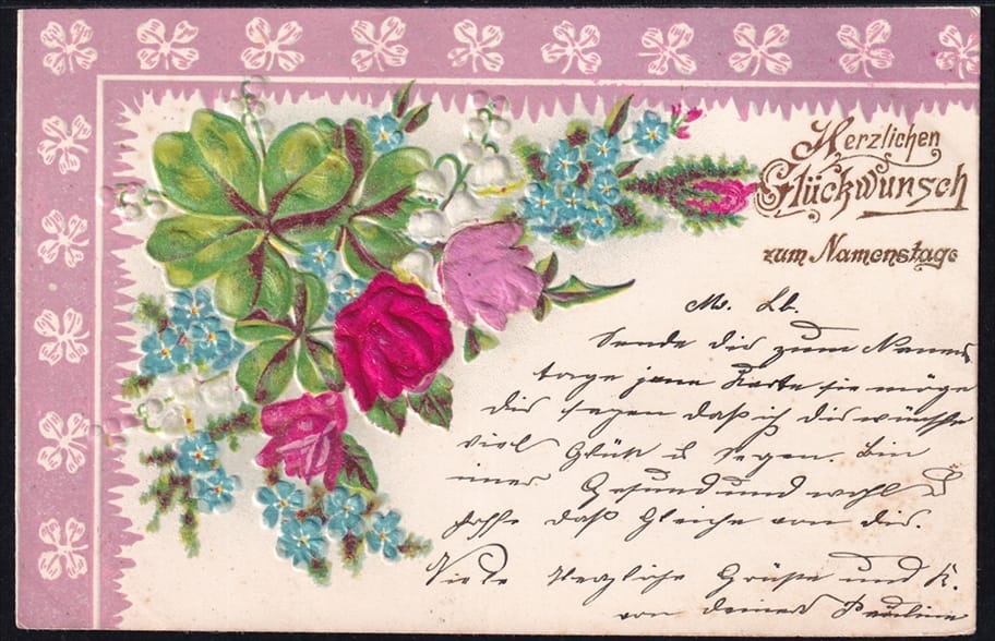 Lithokarten um 1900 - "Herzlichen Glückwunsch zum Namenstag" - ungelaufen