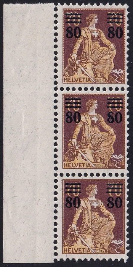 Schweiz 1915 SBK Nr. 135 Dreierstreifen mit Pf. 2A.01 "offene 8" postfrisch **