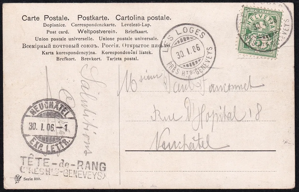 Schweiz, Abstempelungen, TETE-de-RANG (PRES H+S GENEVEYS), LES LOGES PRES HTS GENEVEYS, auf Nr.65B