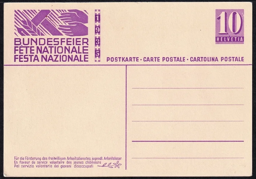 Schweiz Bundesfeierkarten 1935 Augustfeier-Vorbereitung, 10 Rp., nicht gelaufen