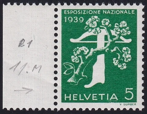 Schweiz 1939 SBK Nr. 236z Ret. 3.01 postfrisch ** Bogenrand