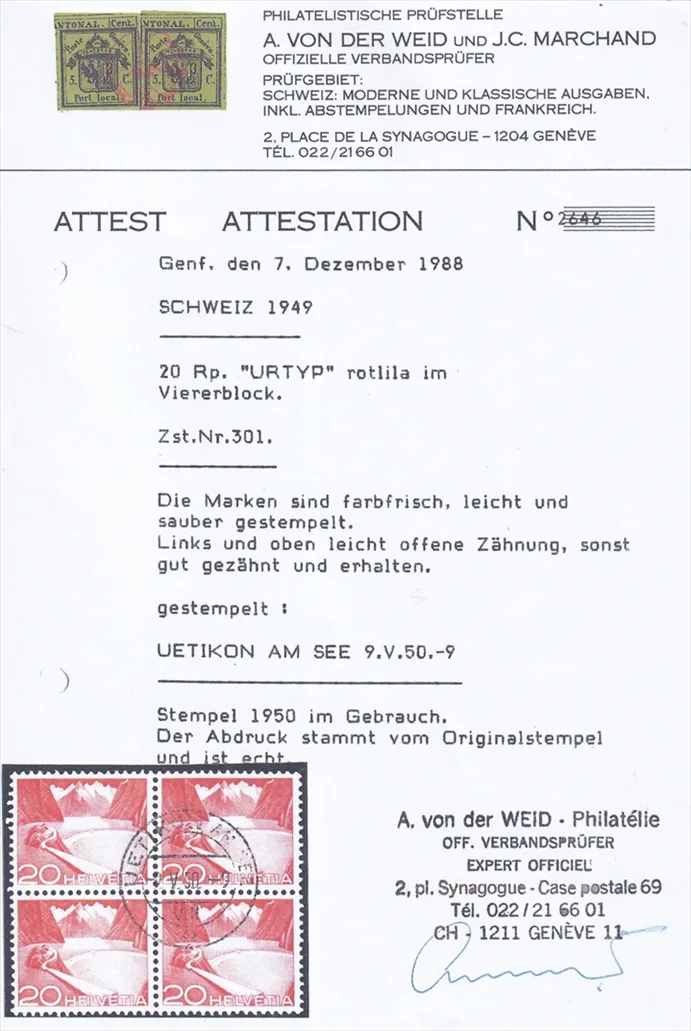 Schweiz 1949 sog. Urtype Nr. 301 im 4er Block gestempelt – Bild 3