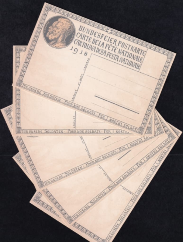 Schweiz Bundesfeierkarten 1918 Landsgemeinde Nr. 1 - 5, Adressseite grau, fehlende bildseitige Nr., nicht gelaufen