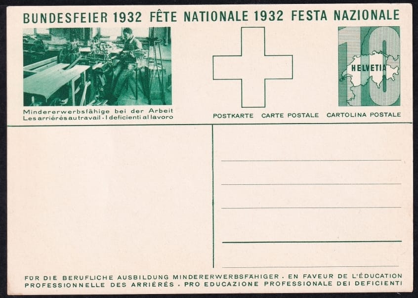Schweiz Bundesfeierkarten 1932 Bundesfeier am Bielersee 10 Rp., Mann sitzend in Schreinerei, nicht gelaufen