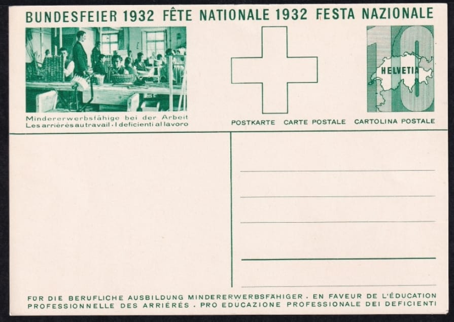 Schweiz Bundesfeierkarten 1932 Bundesfeier am Bielersee 10 Rp., Männer in Korbflechterei, nicht gelaufen